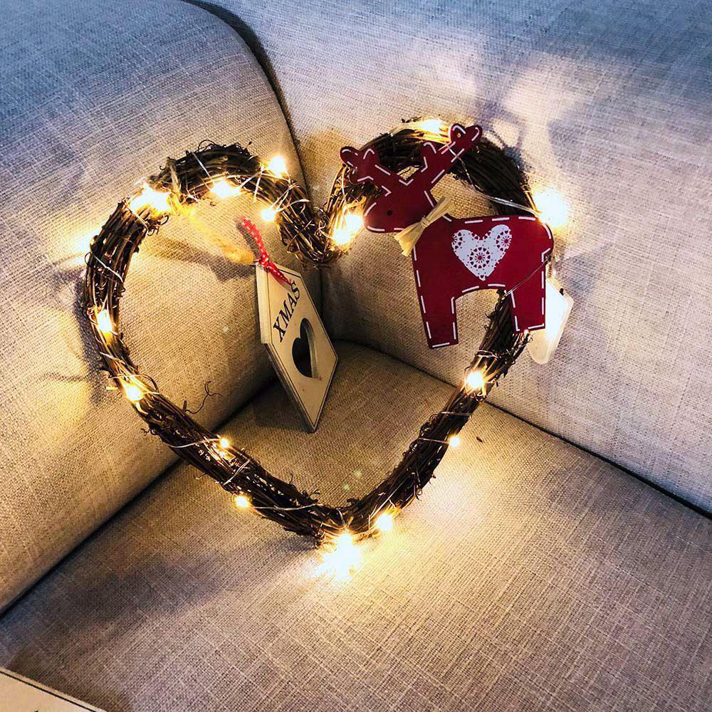 20LEDs Natural Dried Wreath DIY Heart Rattan String Light Wreaths Christmas Door Wall Wedding Decoration - Warm White
