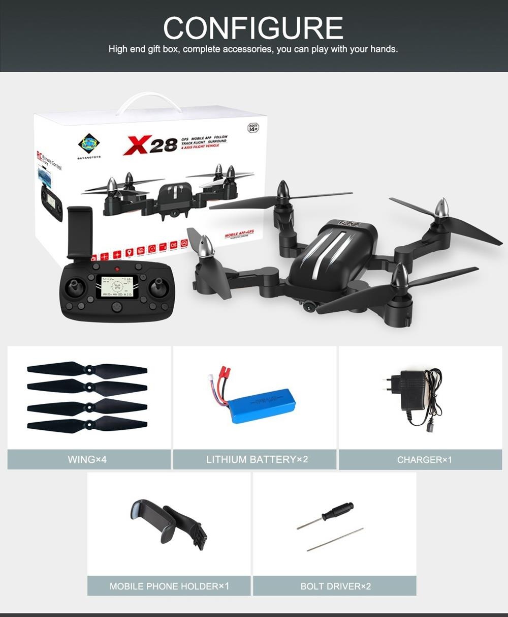 Bayangtoys X28 8MP GPS 5G Wifi FPV Brushless Foldable RC Drone RTF Black - Two Battery
