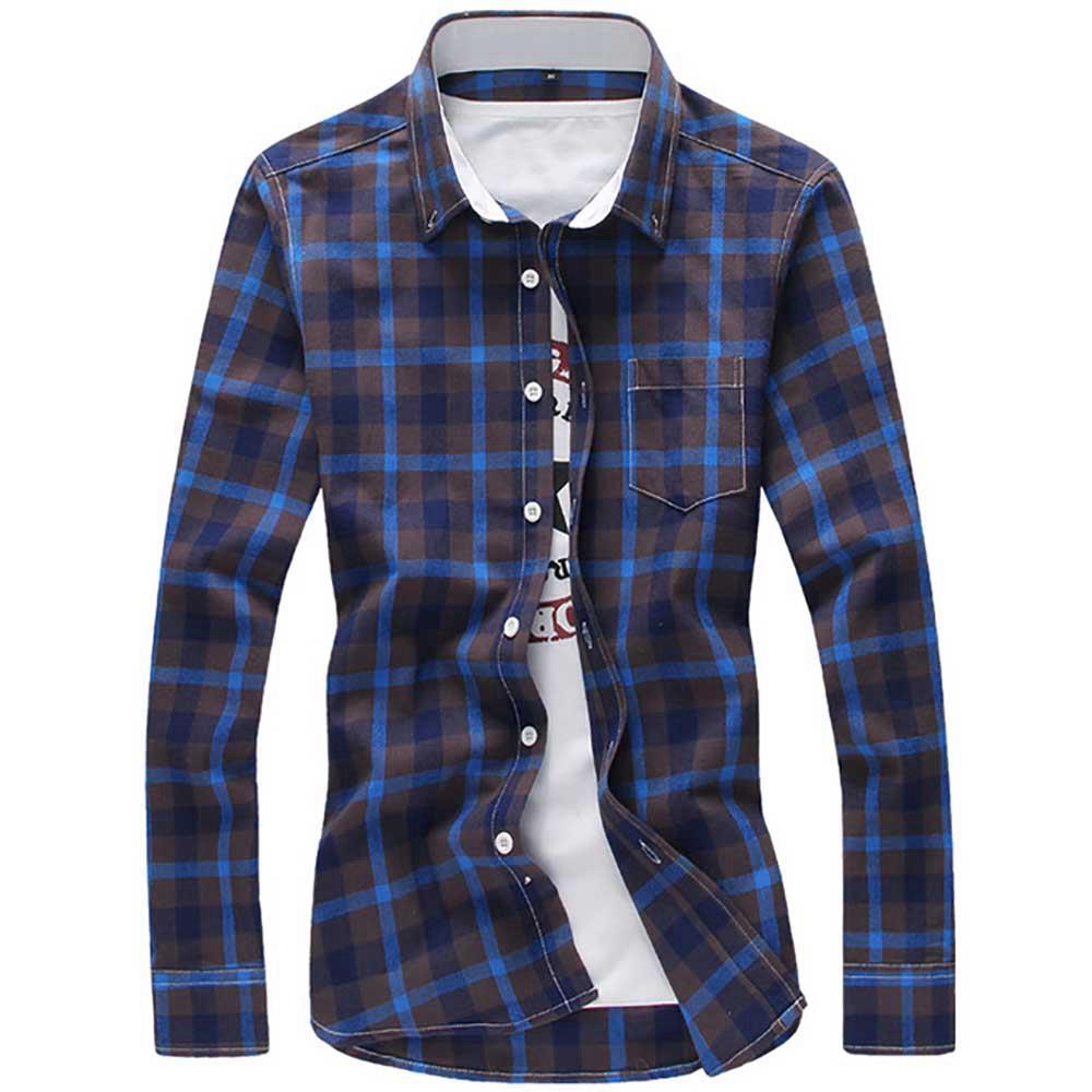 Men's Plaid Shirt Button-down Long Sleeve (Size M) - Blue