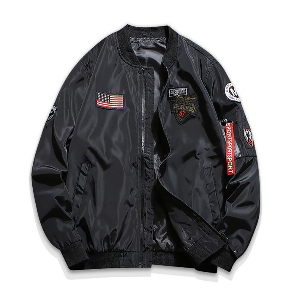C9901 Men Embroidered Round Neck Bomber Pilot Jacket Size M Black