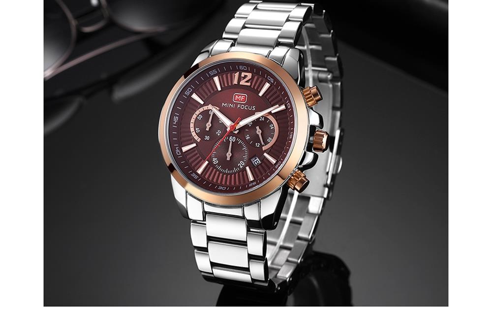 MINI FOCUS MF0087G Men's Business Quartz Watch Chronograph Stainless Steel Strap Wristwatch - Black