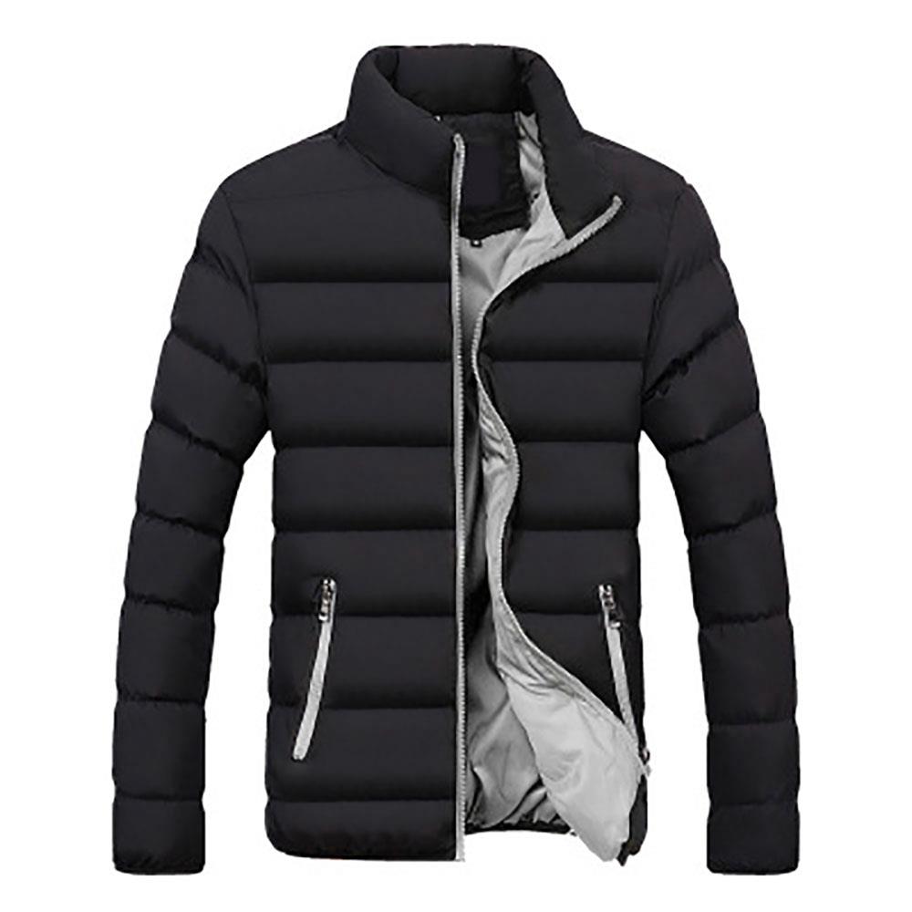 Men's Autumn And Winter Basic Casual Thick Cotton Down Jacket (Stand Collar Warm Coat Size L) - Black + Gray