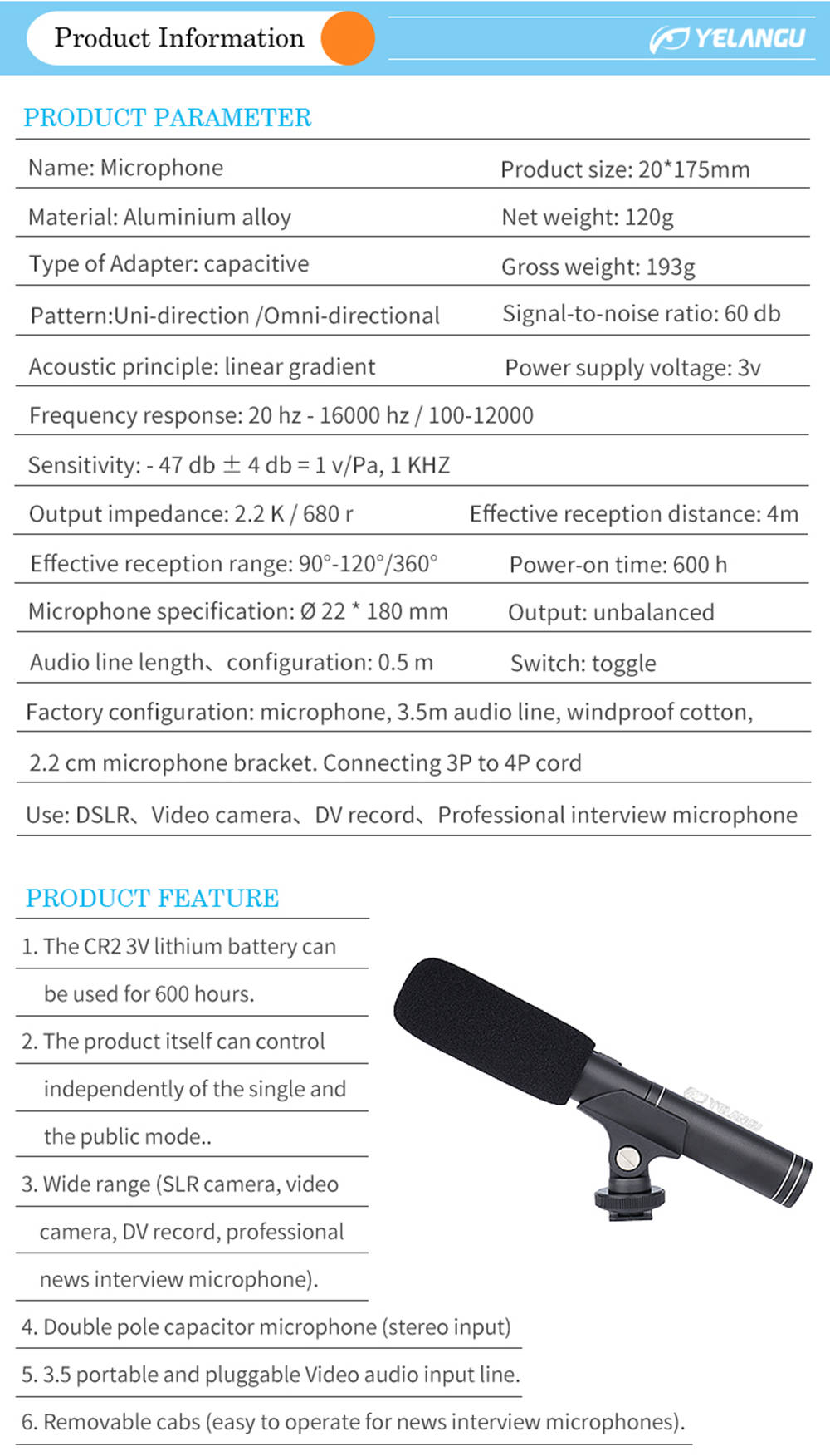 Yelangu MIC01 Outdoor Microphone Independent Control Portable Audio Output Line For News Interview - Black