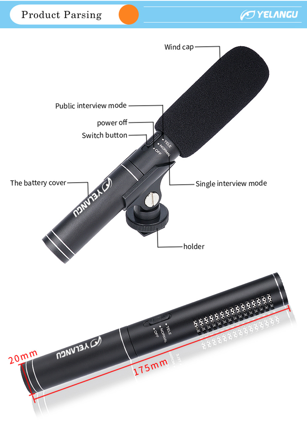 Yelangu MIC01 Outdoor Microphone Independent Control Portable Audio Output Line For News Interview - Black