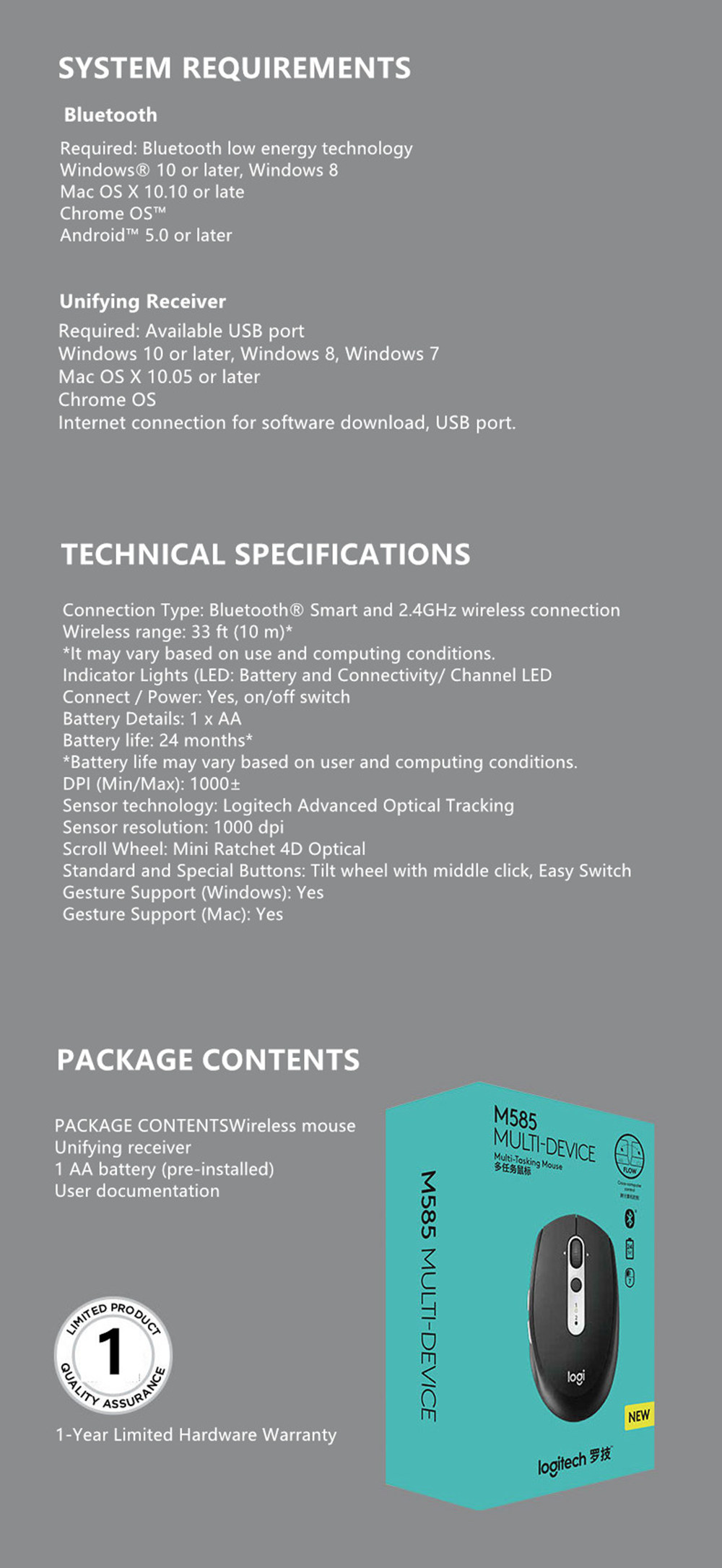 Logitech M585 Wireless Bluetooth 2.4G Dual Mode Multi-device Mouse With Flow Cross-Computer Control - Black