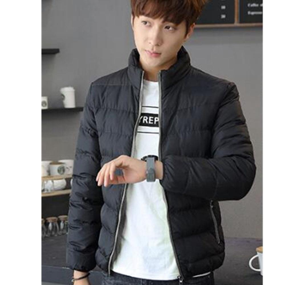 Men's Autumn And Winter Basic Casual Thick Cotton Down Jacket (Stand Collar Warm Coat Size L) - Black + Gray