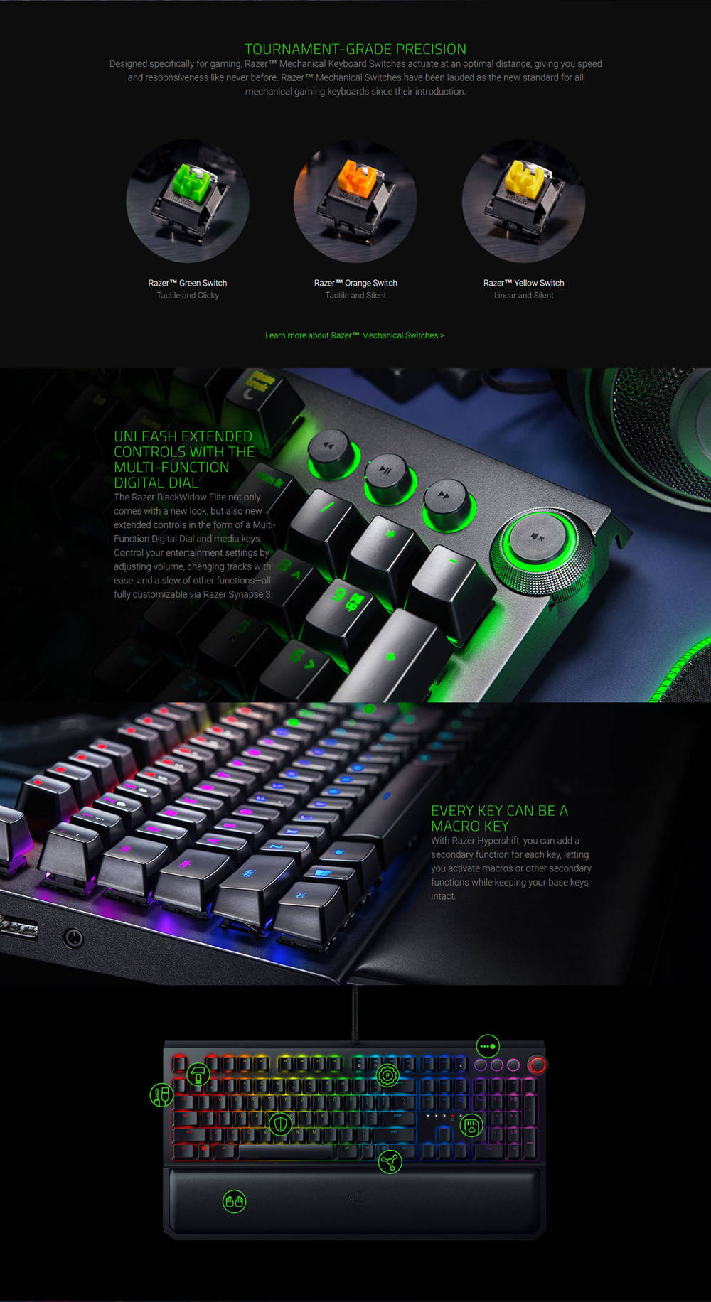 [HK Stock] Razer BlackWidow Elite RGB Gaming Mechanical Keyboard Green Switches With Dedicated Media Controls Wrist Rest - Black