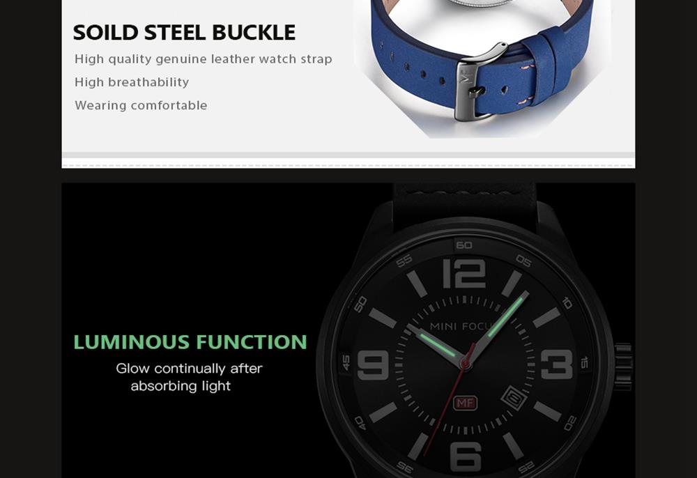 MINI FOCUS MF0051G Men's Casual Business Quartz Sports Watch Genuine Leather Strap Waterproof Wristwatch - Blue