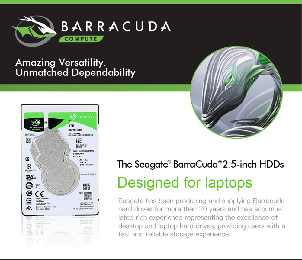 Seagate ST500LM048 1TB Notebook Internal Hard Disk Drive 2.5 Inch 7mm 5400RPM SATA 6Gb/s Interface 128MB Cache Memory - Silver