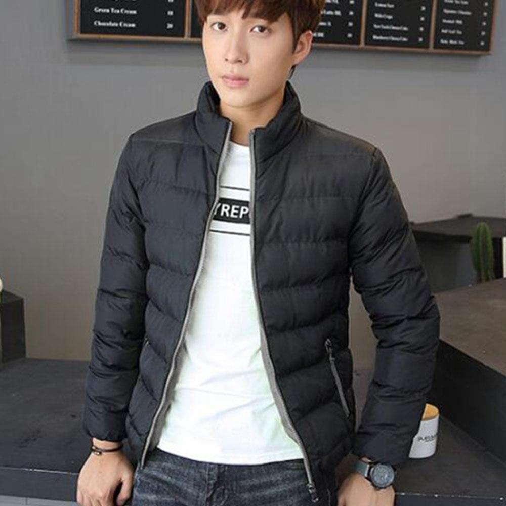 Men's Autumn And Winter Basic Casual Thick Cotton Down Jacket (Stand Collar Warm Coat Size L) - Black + Gray