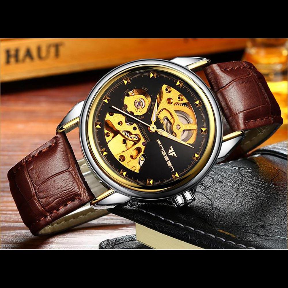 Men's Business Hollow Engraving Mechanical Watch Analog Automatic Movement PU Leather Strap - Gold