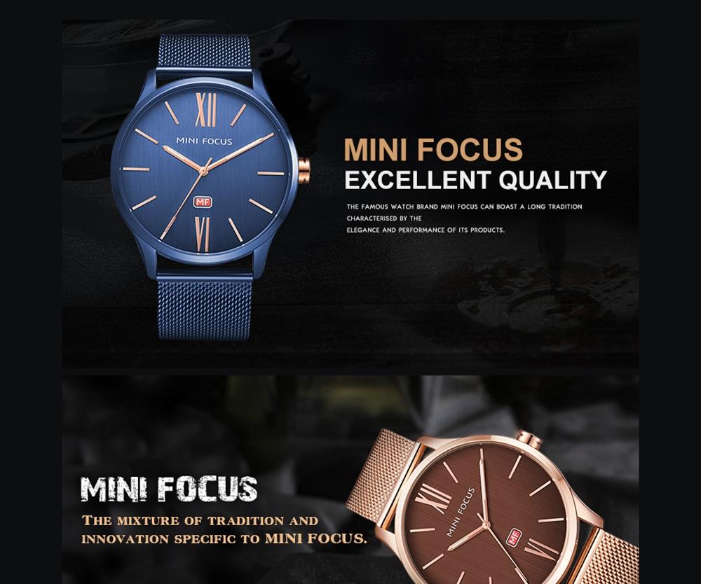 MINI FOCUS MF0018G Men's Casual Business Thin Quartz Watch Stainless Steel Strap Wristwatch - Blue