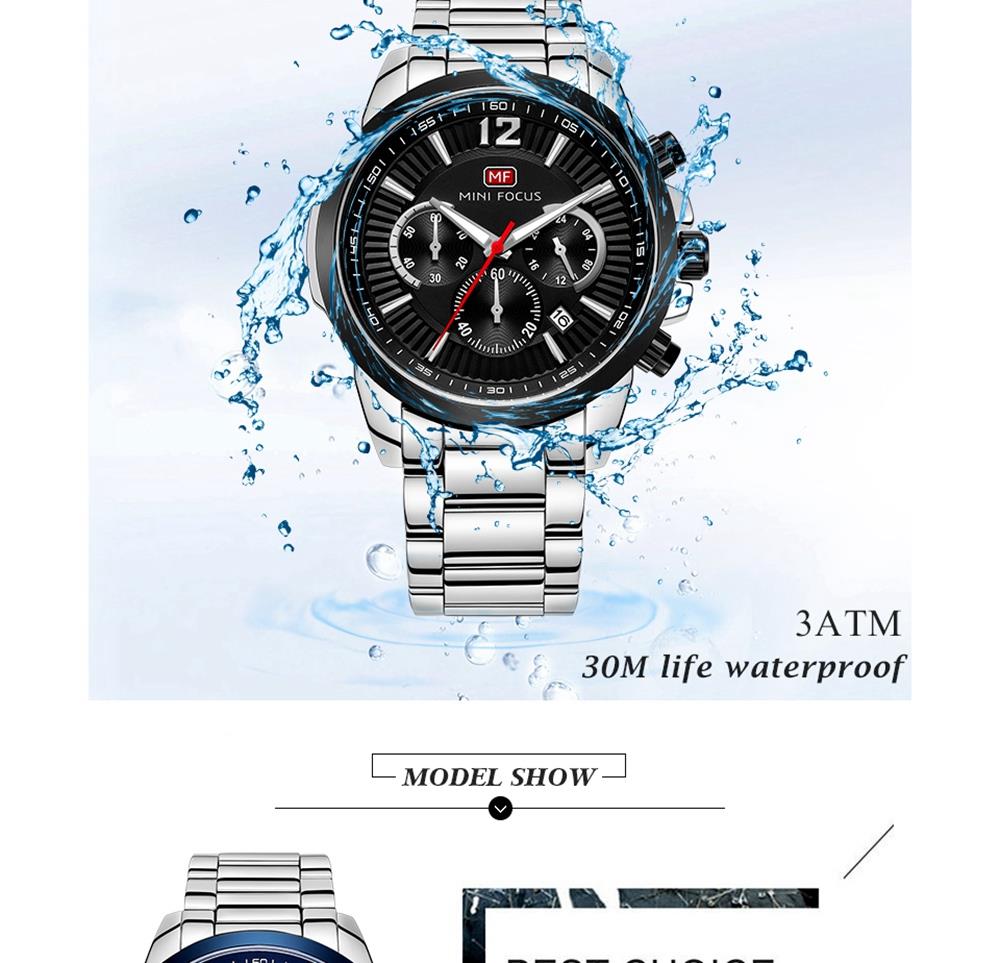 MINI FOCUS MF0087G Men's Business Quartz Watch Chronograph Stainless Steel Strap Wristwatch - Black