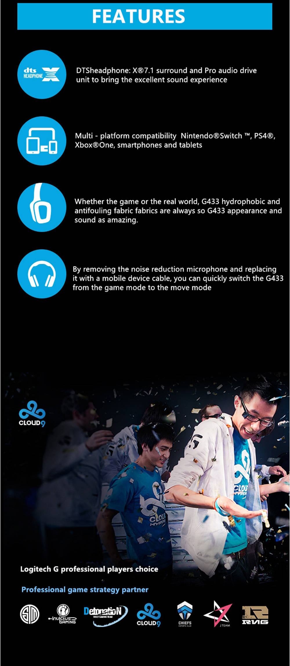 Logitech G433 7.1 Wired Surround Sound Gaming Headset with Mic E-sports Headset - Black