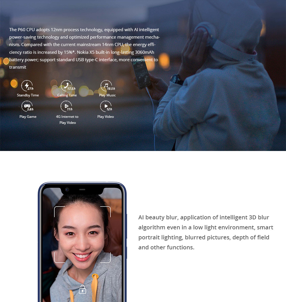[Official Global ROM]Nokia X5 5.86 Inch 4G LTE Smartphone Helio P60 3GB 32GB 13.0MP+5.0MP Dual Rear Cameras Android 8.1 Type-C Touch ID - Black
