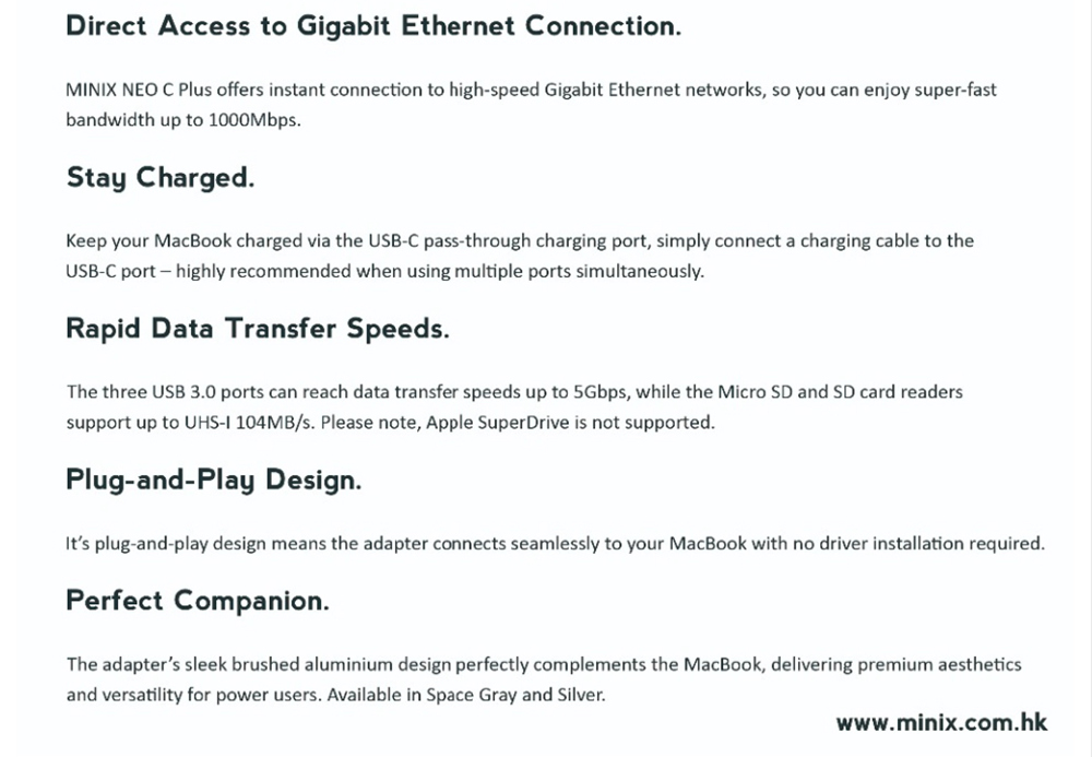 MINIX NEO C Plus USB-C Multiport Adapter with Dual HDMI Output 4K Adapter 3 USB 3.0 Gigabit Ethernet USB-C Charging - Silver