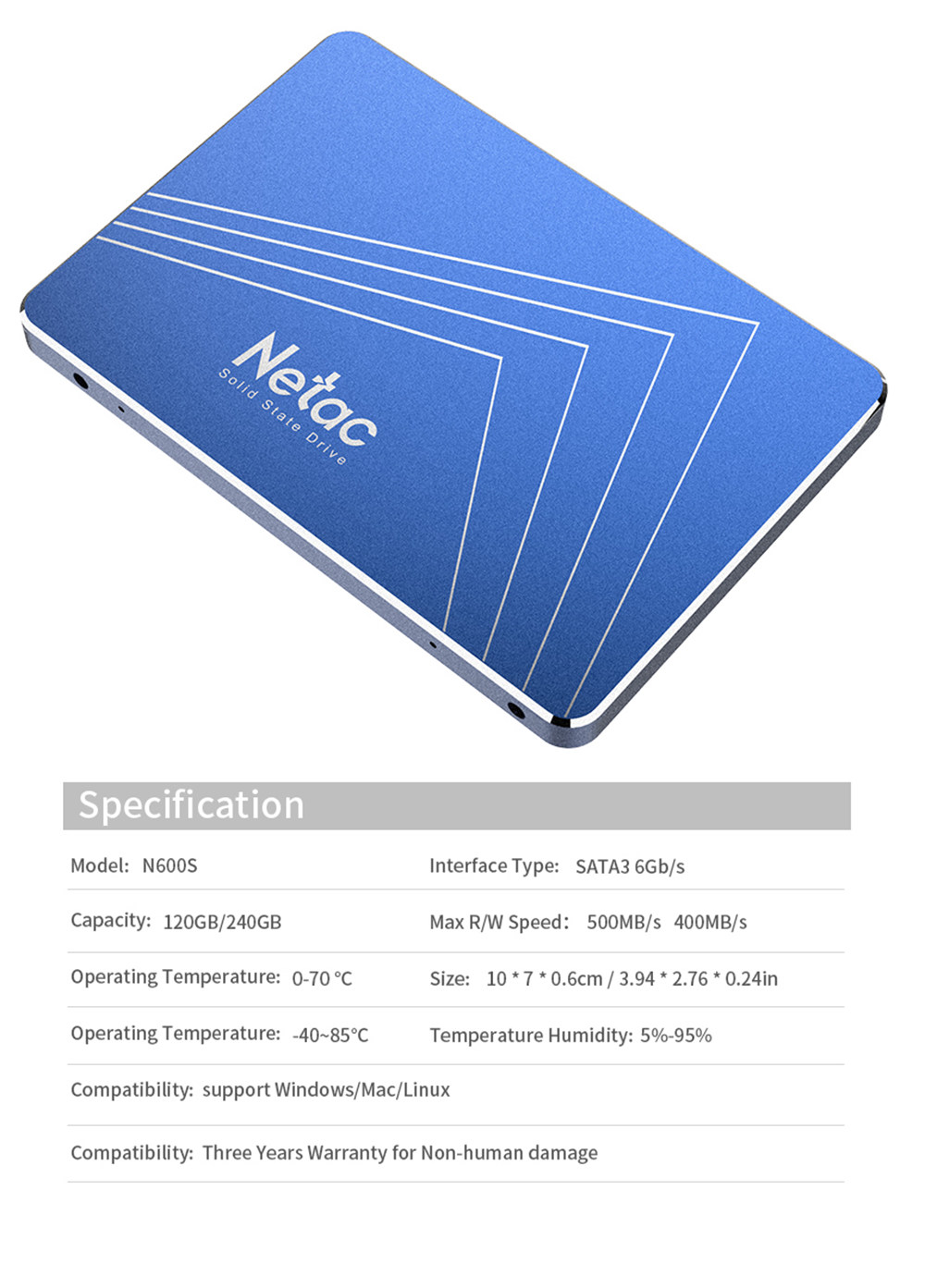 Netac N600S 1TB SSD 2.5 Inch Solid State Drive SATA3 Interface Read Speed 500MB/s - Blue