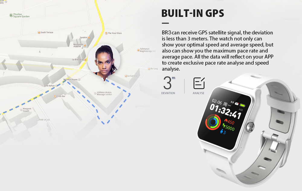 Makibes BR3 Smart Watch 1.3 Inch IPS Color Touchscreen Built-in GPS Multi-sports Modes Heart Rate Monitor IP68 Waterproof Fitness Tracker - Gray