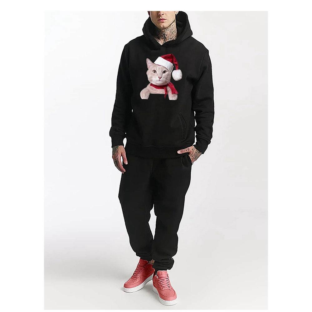 Unisex Christmas Series Cartoon Cat Pattern Hoodie (Hooded Pullover Sweatshirt Size S) - Black