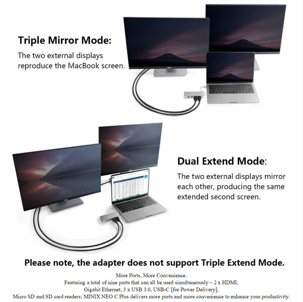 MINIX NEO C Plus USB-C Multiport Adapter with Dual HDMI Output 4K Adapter 3 USB 3.0 Gigabit Ethernet USB-C Charging - Silver
