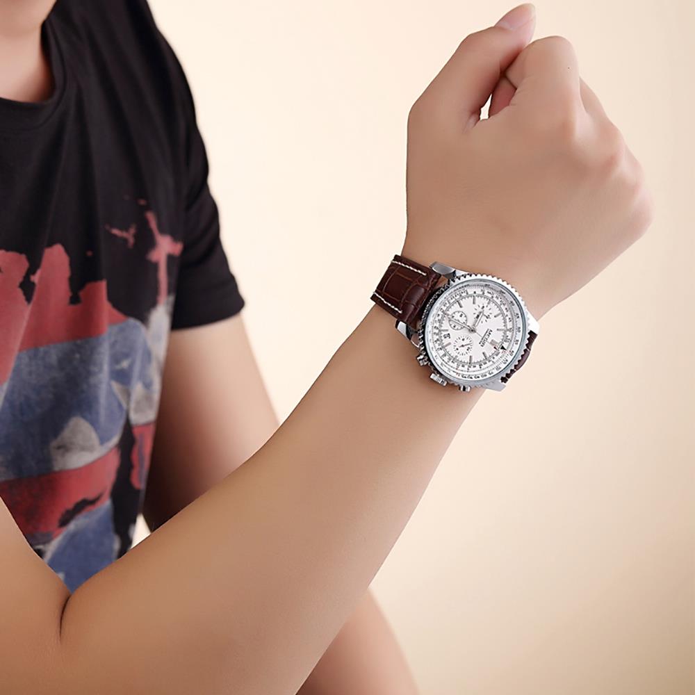 MEGIR ML2009 Men's Casual Business Watch Stopwatch Large Dial Quartz Movement PU Leather Strap - Brown