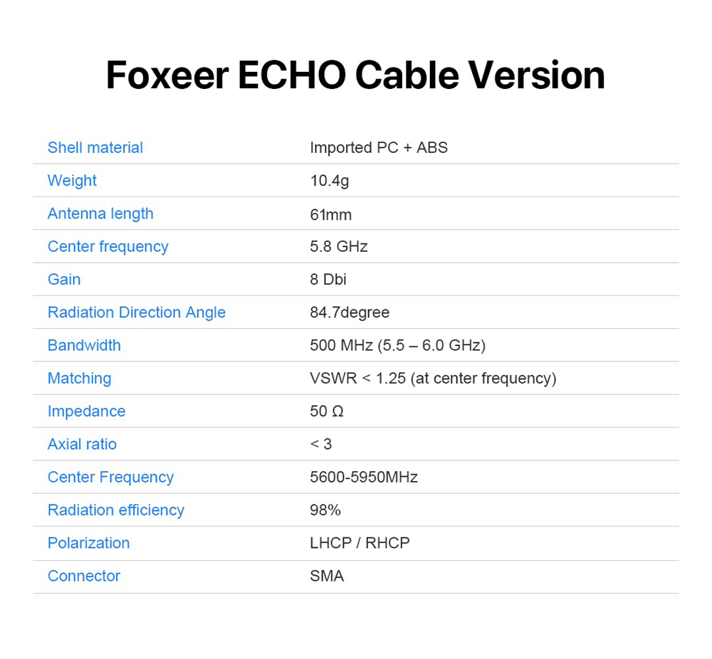 Foxeer Echo Patch 5.8G 8DBi 61mm RHCP SMA Male FPV Antenna For FPV Racing Drone Black - Cable Version