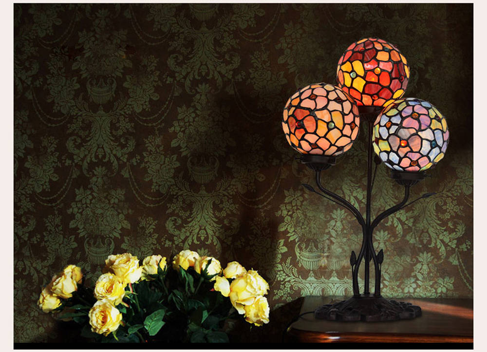 FUMAT Tiffany Style Stained Glass Handcrafted Table Lamp - Creative Triple Spherical Alloy Base Design
