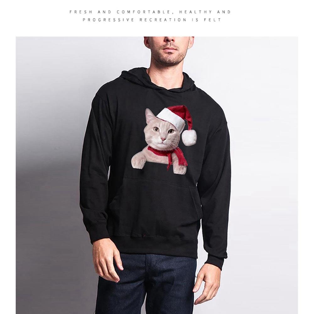 Unisex Christmas Series Cartoon Cat Pattern Hoodie (Hooded Pullover Sweatshirt Size S) - Black