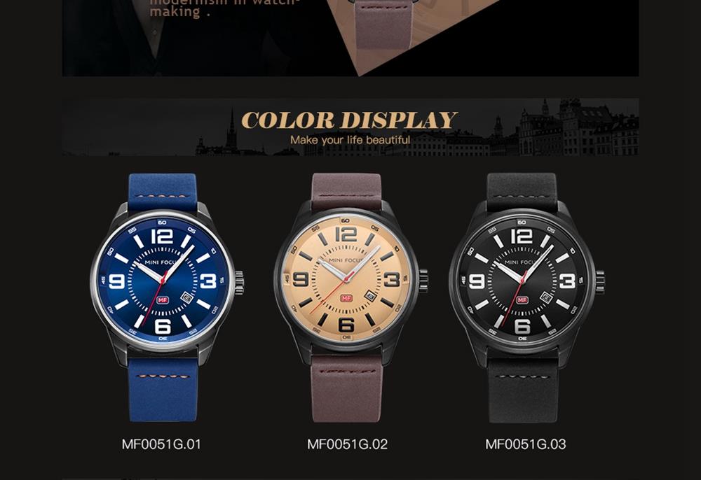MINI FOCUS MF0051G Men's Casual Business Quartz Sports Watch Genuine Leather Strap Waterproof Wristwatch - Blue