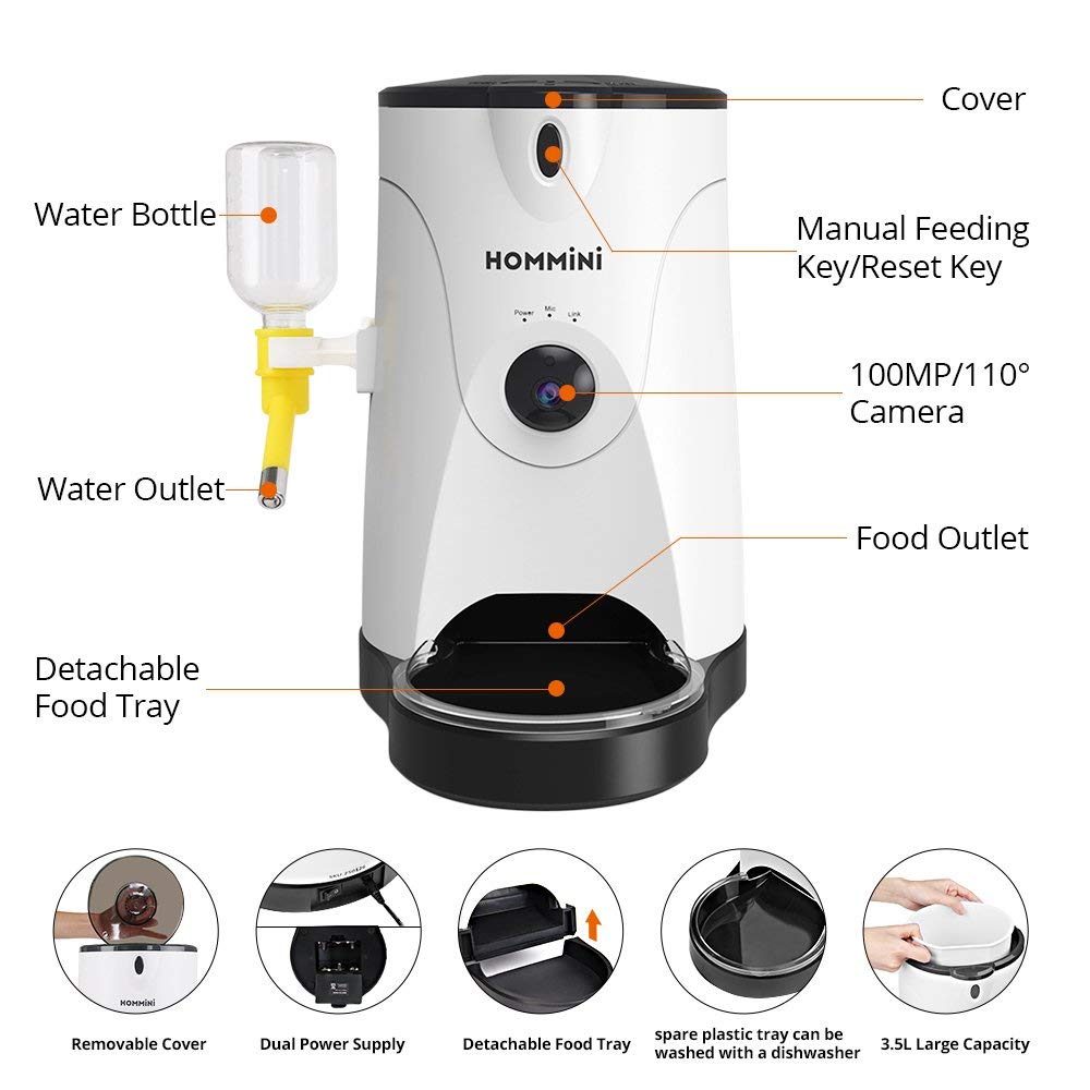 [US Stock]HOMMINI Smart Pet Feeder for Dog Cat with HD Camera Video Voice Recording 250ml Water Feeder Work with by iPhone Android - White