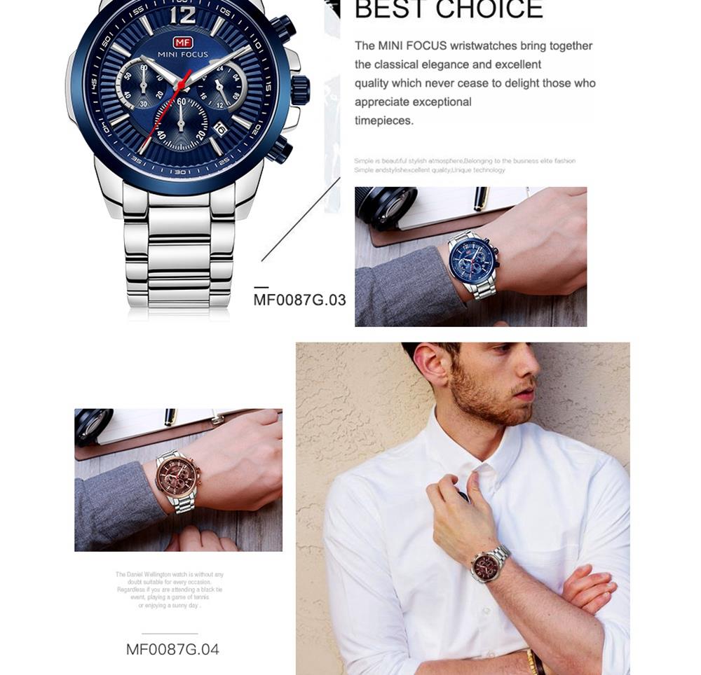 MINI FOCUS MF0087G Men's Business Quartz Watch Chronograph Stainless Steel Strap Wristwatch - Black