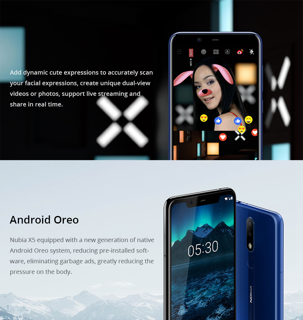 [Official Global ROM]Nokia X5 5.86 Inch 4G LTE Smartphone Helio P60 3GB 32GB 13.0MP+5.0MP Dual Rear Cameras Android 8.1 Type-C Touch ID - Blue