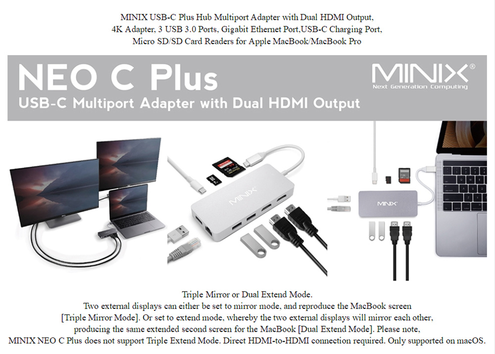 MINIX NEO C Plus USB-C Multiport Adapter with Dual HDMI Output 4K Adapter 3 USB 3.0 Gigabit Ethernet USB-C Charging - Gray