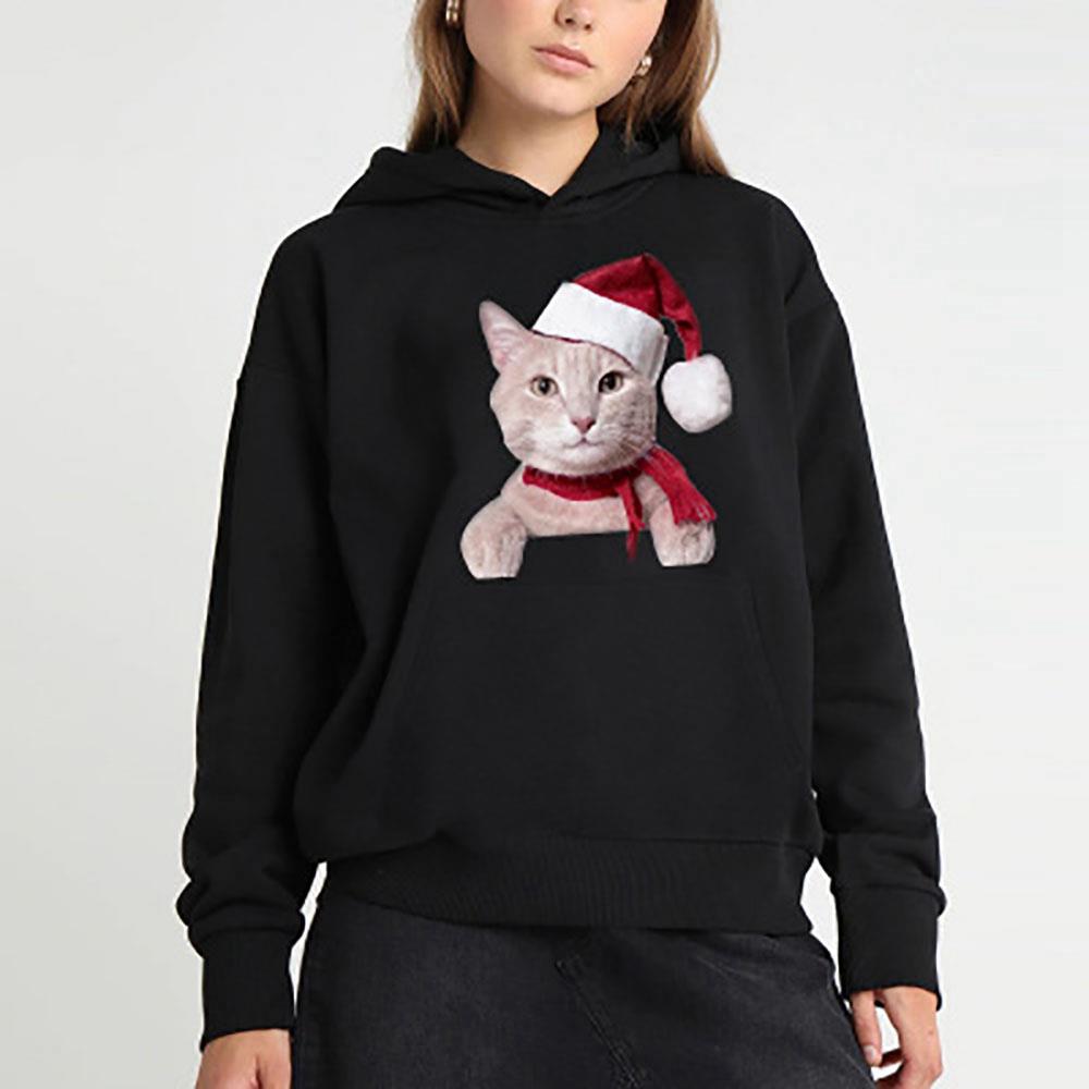 Unisex Christmas Series Cartoon Cat Pattern Hoodie (Hooded Pullover Sweatshirt Size S) - Black