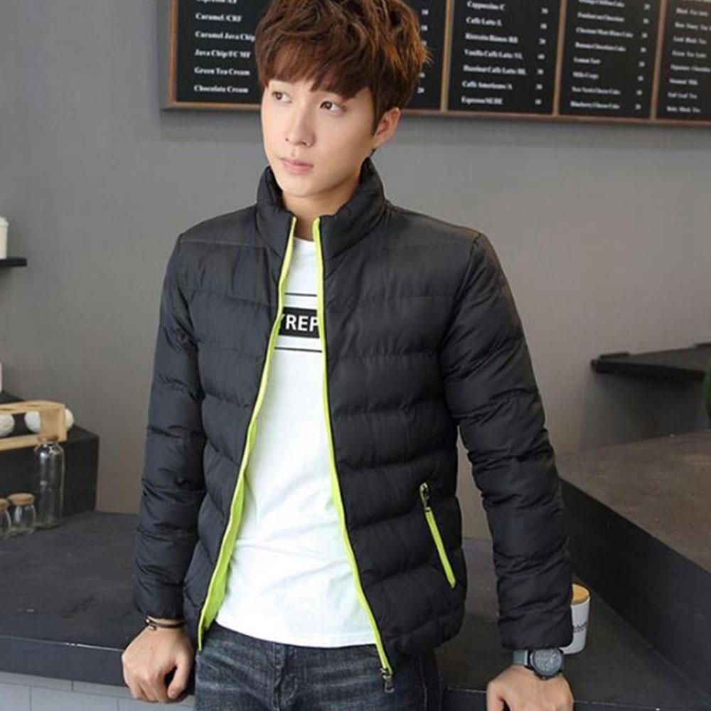Men's Autumn And Winter Basic Casual Thick Cotton Down Jacket (Stand Collar Warm Coat Size L) - Black + Green