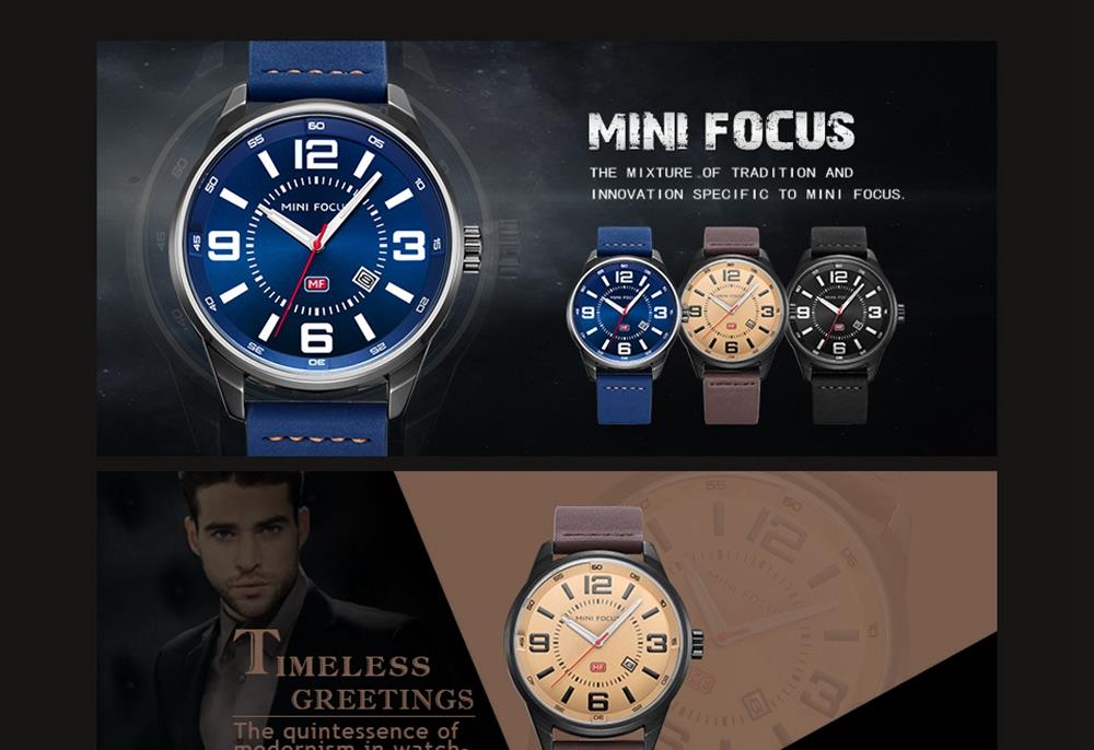 MINI FOCUS MF0051G Men's Casual Business Quartz Sports Watch Genuine Leather Strap Waterproof Wristwatch - Blue