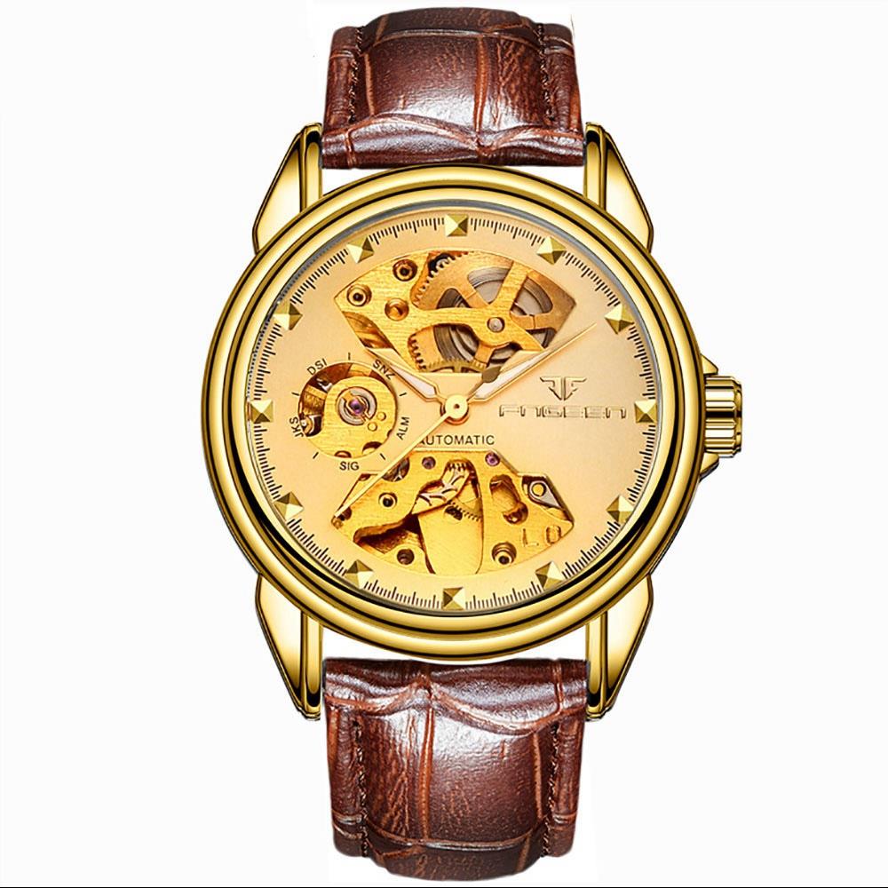 Men's Business Hollow Engraving Mechanical Watch Analog Automatic Movement PU Leather Strap - Gold