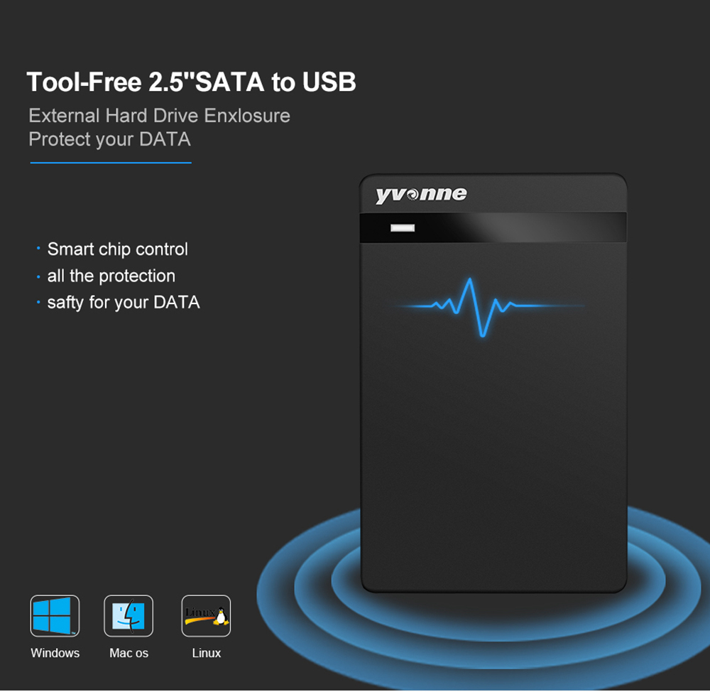 Yvnne HD213 SATA To USB 3.0 External Hard Drive Enclosure Case For 2.5 Inch HDD And SSD - Black
