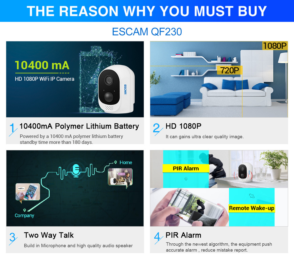ESCAM QF230 1080P P2P IR 10400mAh Battery WIFI PIR Alarm IP Camera Two-way Audio Night Vision - White
