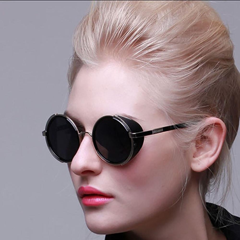 Round Metal UV400 Vintage Steampunk Sunglasses - Gold + Black