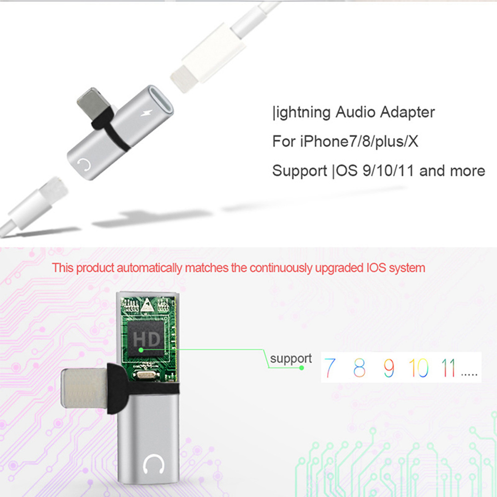 2 in 1 Audio Charging Adapter Lighting to 3.5mm Headphone Jack Charger for iPhone 7 8 Plus X - Silver