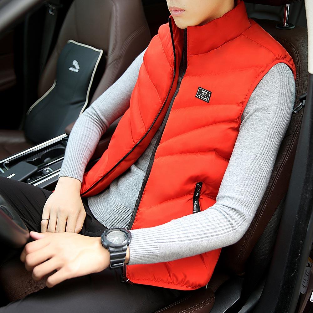 Men Winter Fashion Stand Collar Solid Color Cotton Sleeveless Waistcoat Size L - Orange