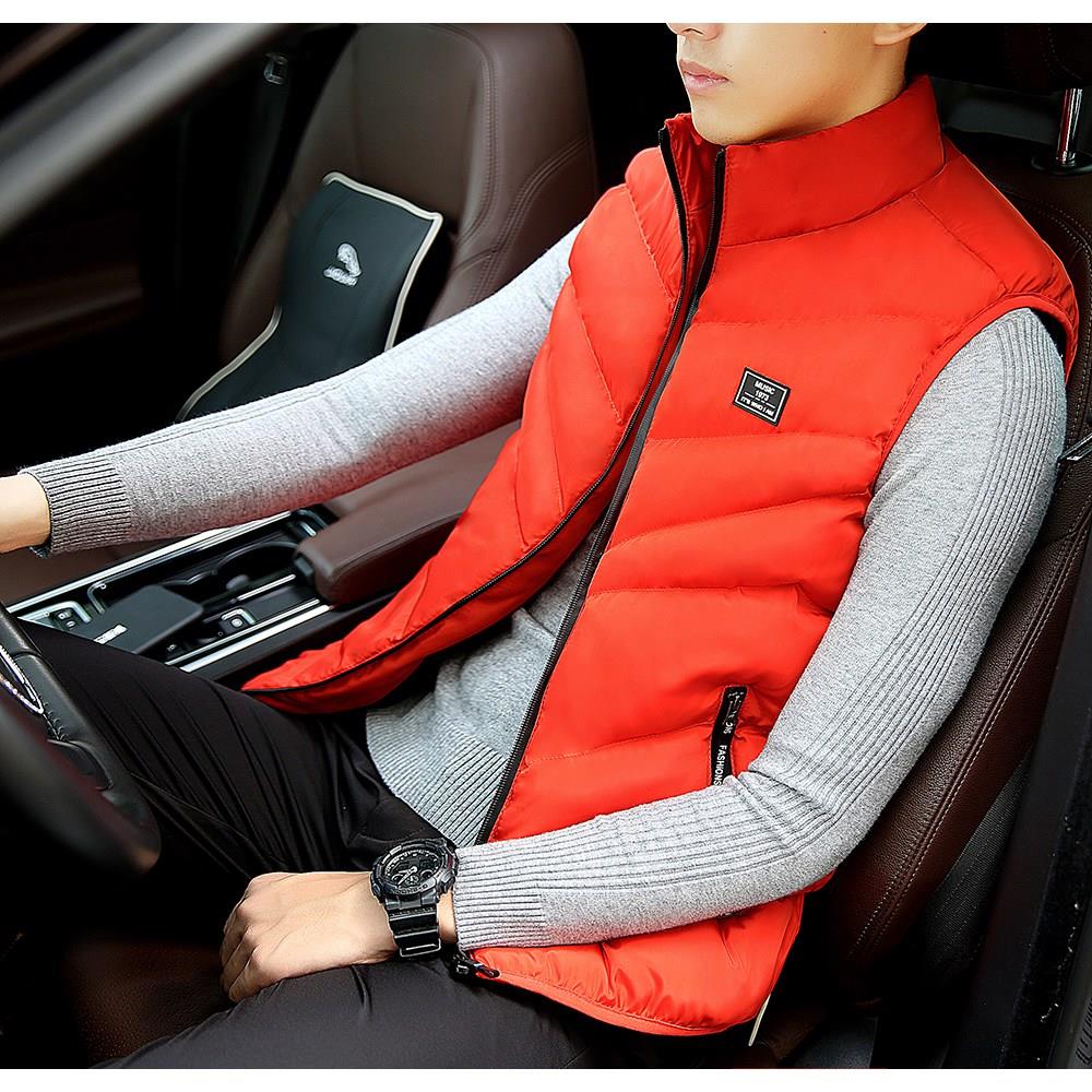 Men Winter Fashion Stand Collar Solid Color Cotton Sleeveless Waistcoat Size L - Orange