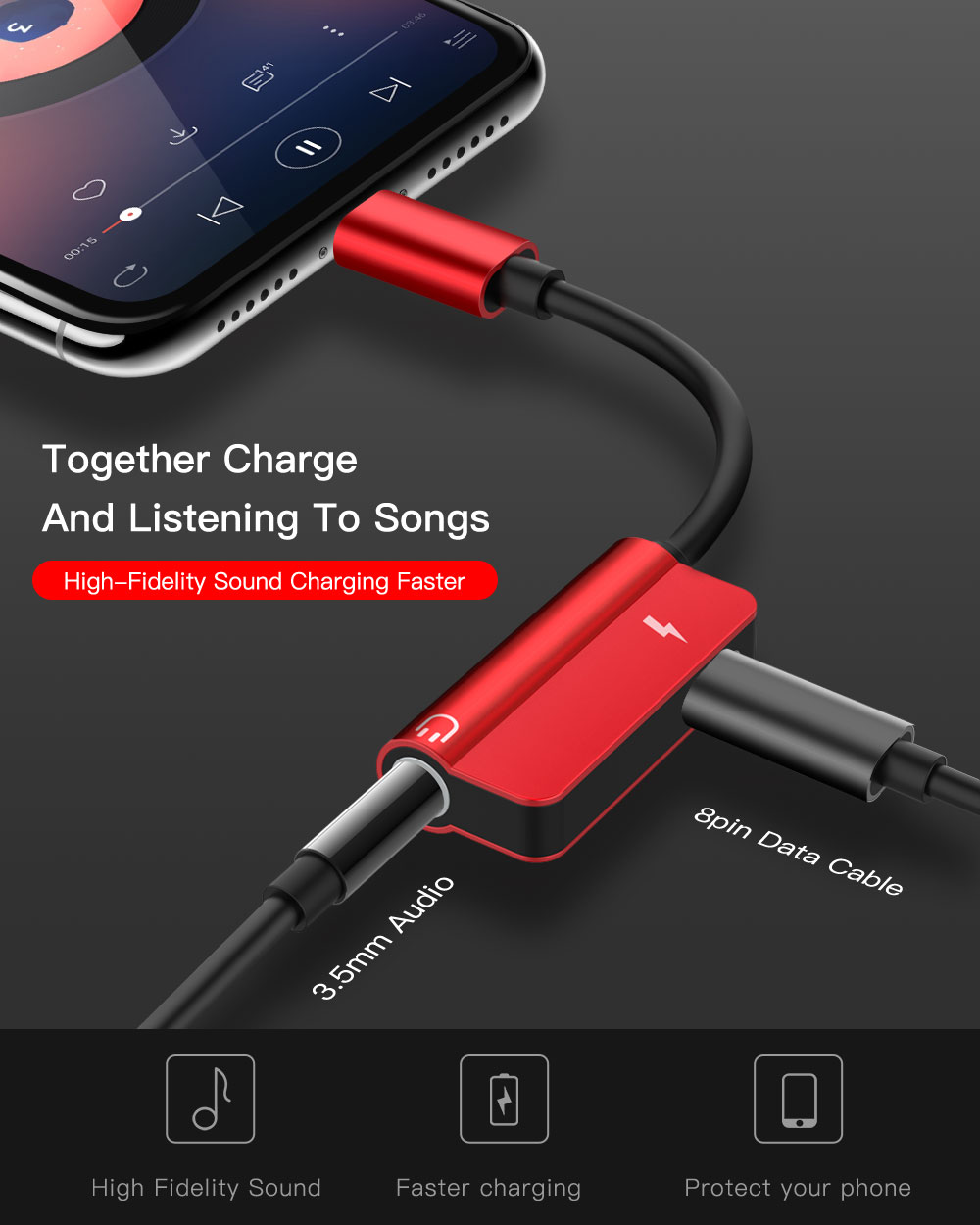 2 in 1 Audio Charging Adapter Lighting Female to Lighting Male & 3.5mm Headphone Jack for iPhone 7 8 Plus X - Red