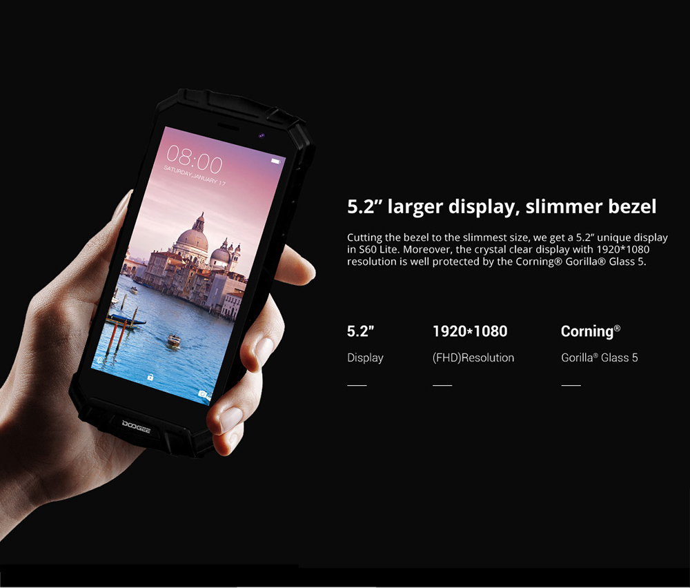 [HK Stock]DOOGEE S60 Lite 5.2 Inch 4G LTE Smartphone MT6750T 4GB 32GB 16.0MP Rear Camera Android 8.1 IP68 Wireless Charge NFC - Black