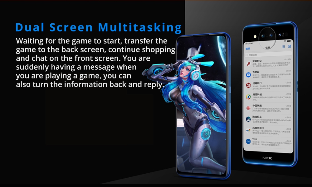 Vivo Nex Dual Display Edition 6.39 Inch 4G LTE Smartphone Snapdragon 845 10GB 128GB 12.0MP+2.0MP+TOF 3D Triple Rear Cameras Funtouch OS 4.5 Type-C In-Display Fingerprint - Blue