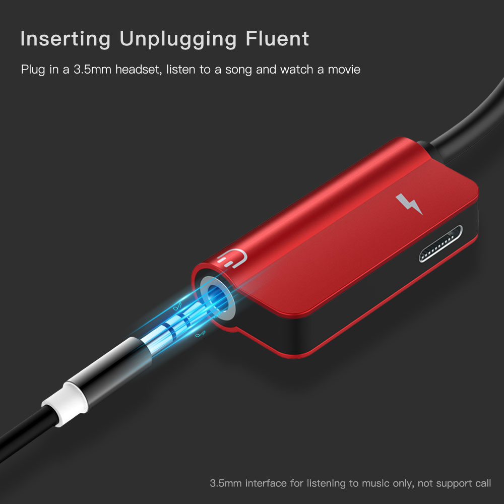 2 in 1 Audio Charging Adapter Lighting Female to Lighting Male & 3.5mm Headphone Jack for iPhone 7 8 Plus X - Red