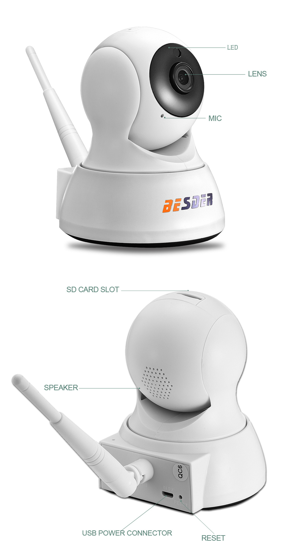 BESDER BES-N703F HD 720P Home Security Wifi IP Camera Two-way Audio Night Vision Baby Monitor - White US Plug