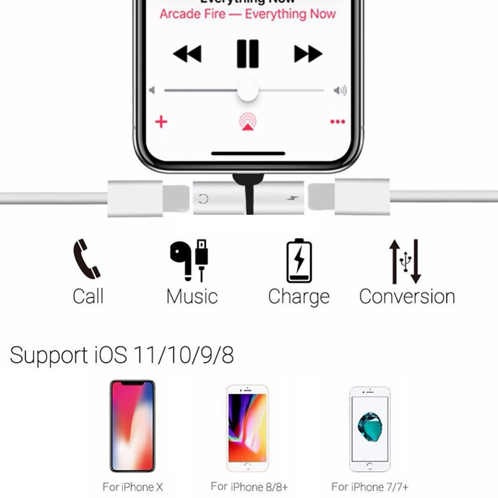 2 in 1 Audio Charging Adapter Lighting to 3.5mm Headphone Jack Charger for iPhone 7 8 Plus X - Silver