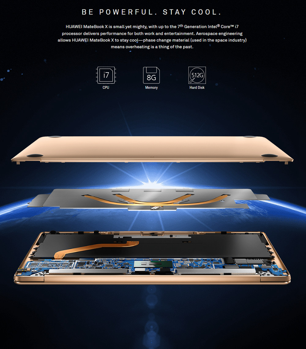 Huawei MateBook X Laptop 13 Inch 2160*1440 Fingerprints Intel Core i7-7500U 8GB RAM 256GB SSD Windows 10 USB-C HDMI - Gold